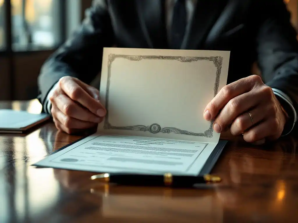 Professionele handen houden aandelencertificaat vast aan houten vergadertafel met vulpen en warm kantoorlicht