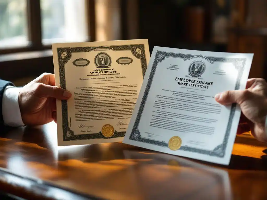 Zakenman houdt traditionele aandelen certificaten en moderne werknemers certificaten op mahonie bureau