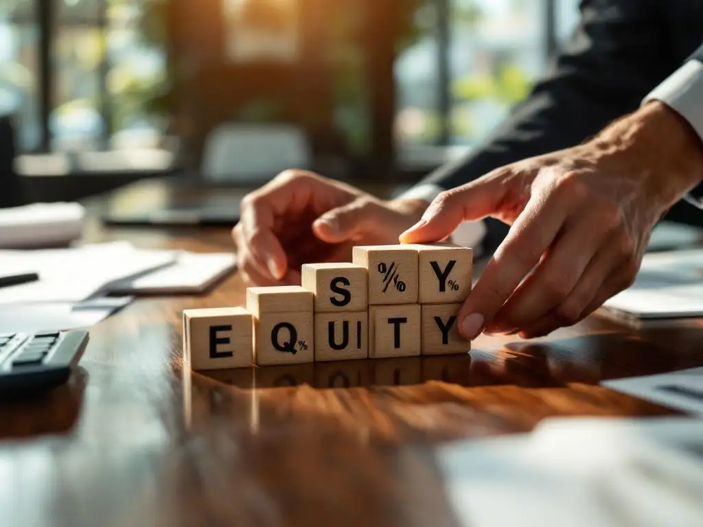 Professionele handen rangschikken houten blokken die aandelen vertegenwoordigen op vergadertafel met contracten