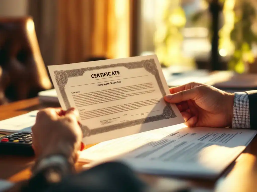 Professionele handen houden aandelencertificaat vast op houten bureau met rekenmachine en belastingdocumenten