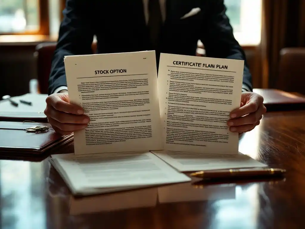 Zakenman houdt aandelenoptie en certificaatplan documenten vast aan mahonie vergadertafel in directiekantoor