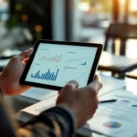 Professionele handen houden tablet met aandelengrafieken boven arbeidscontracten op glazen bureau in modern kantoor