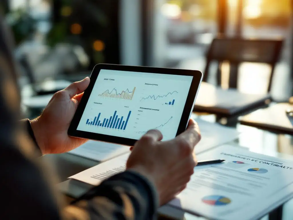 Professionele handen houden tablet met aandelengrafieken boven arbeidscontracten op glazen bureau in modern kantoor