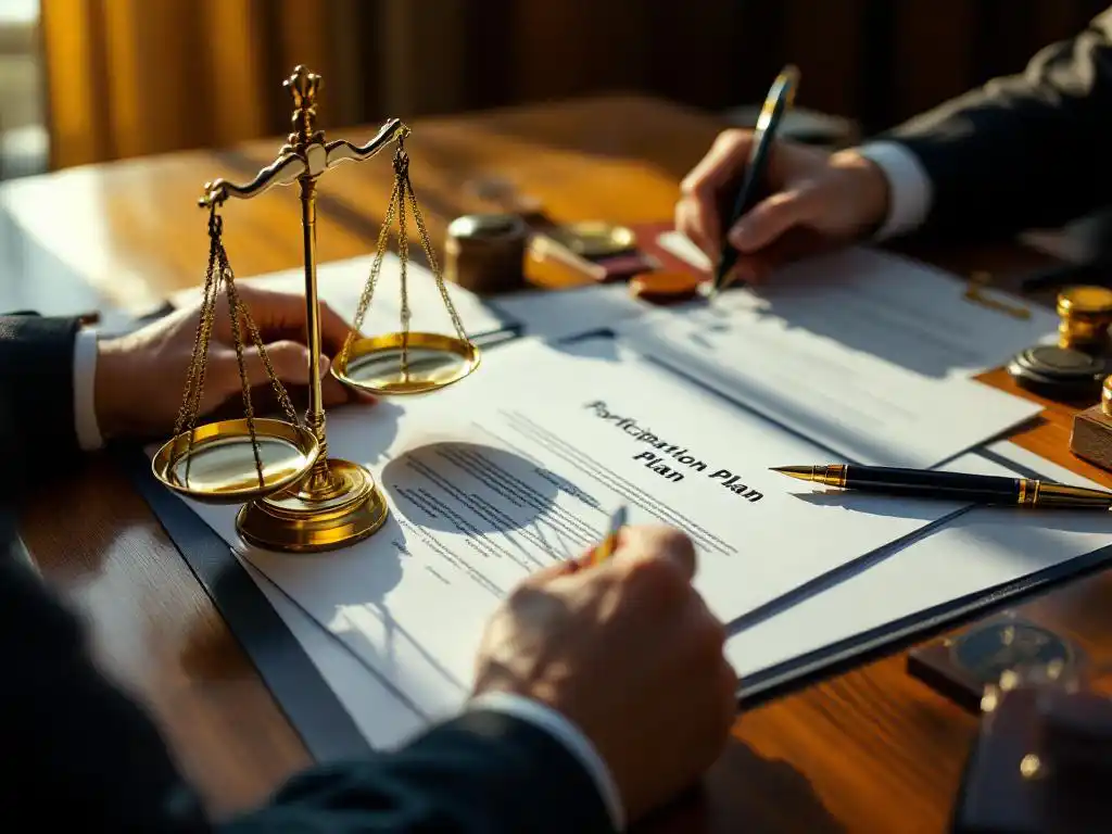 Gouden weegschaal op juridische documenten op advocatenbbureau met fonteinpen en officiële stempels in zonlicht