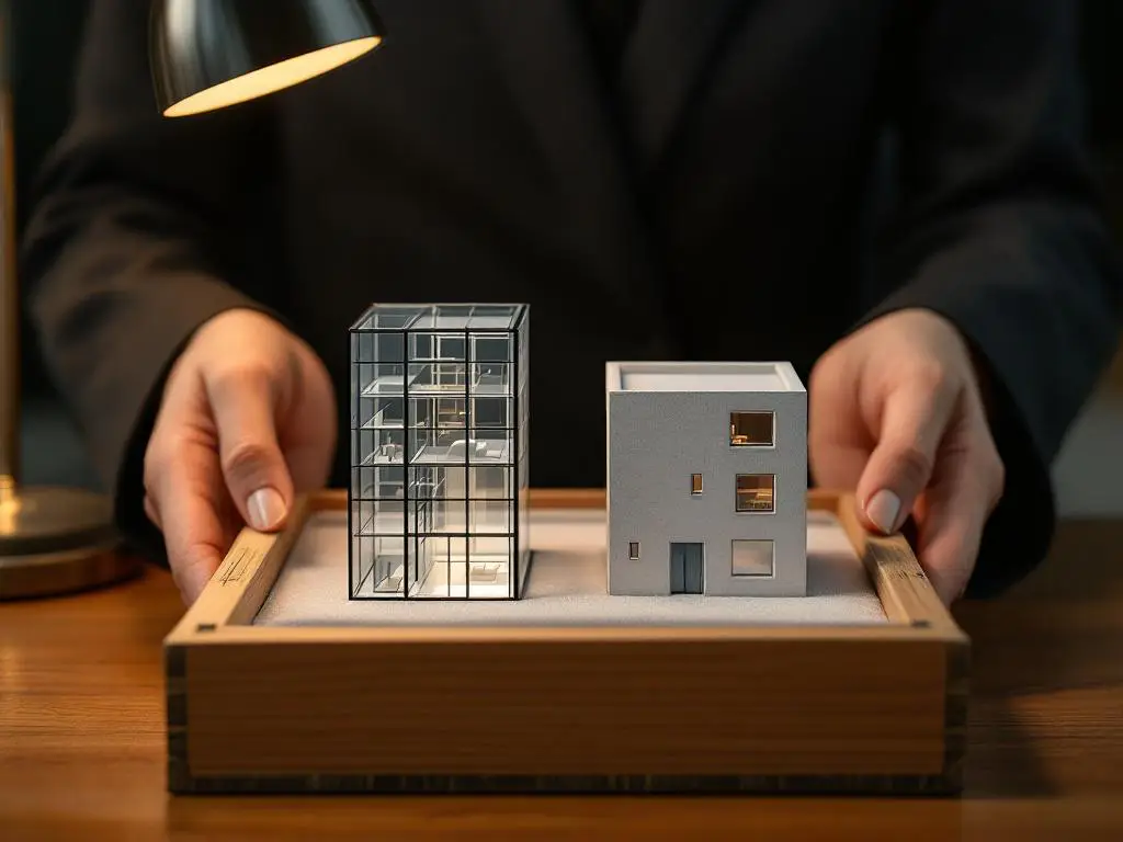 Zakenvrouw houdt houten doos met twee architectuurmodellen: glazen gebouw en betonnen structuur op fluweel