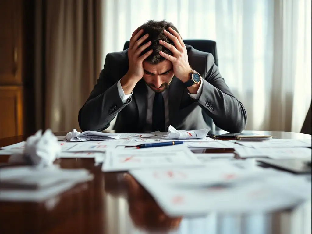 Gefrustreerde bedrijfsleider houdt hoofd in handen aan vergadertafel met verkreukelde documenten en rode correcties