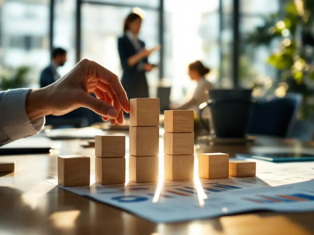 Zakenvrouw arrangeert houten blokken in trapvorm op vergadertafel met personeelsdocumenten en grafieken eronder