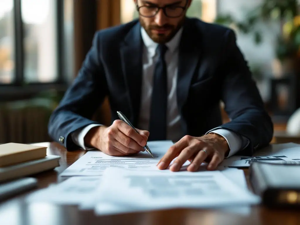 Zakenman in marineblauw pak bekijkt belastingdocumenten en aandeelcertificaten aan mahonie bureau