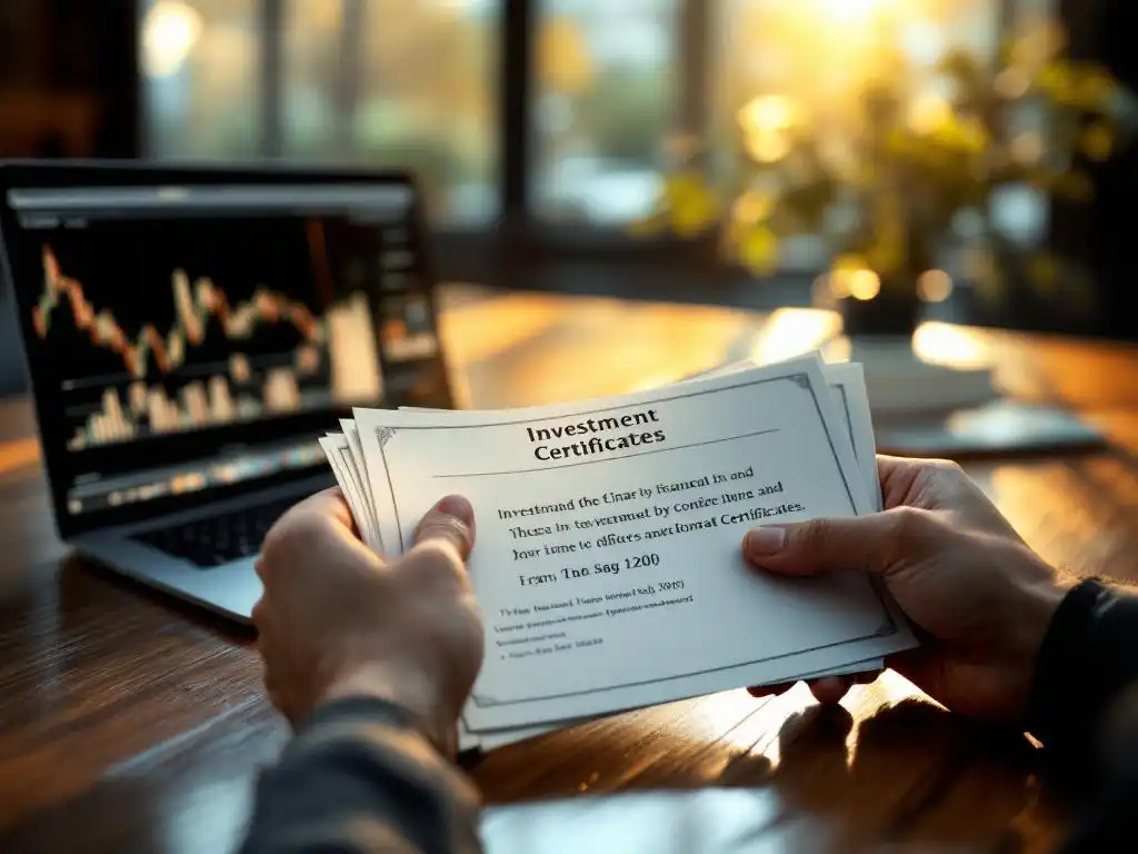 Handelaar houdt investeringscertificaten vast aan bureau met laptop met financiële grafieken op achtergrond