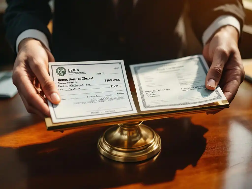 Professionele handen wegen bonuscheck tegen aandelen op messing weegschaal op mahonie bureau in kantoor