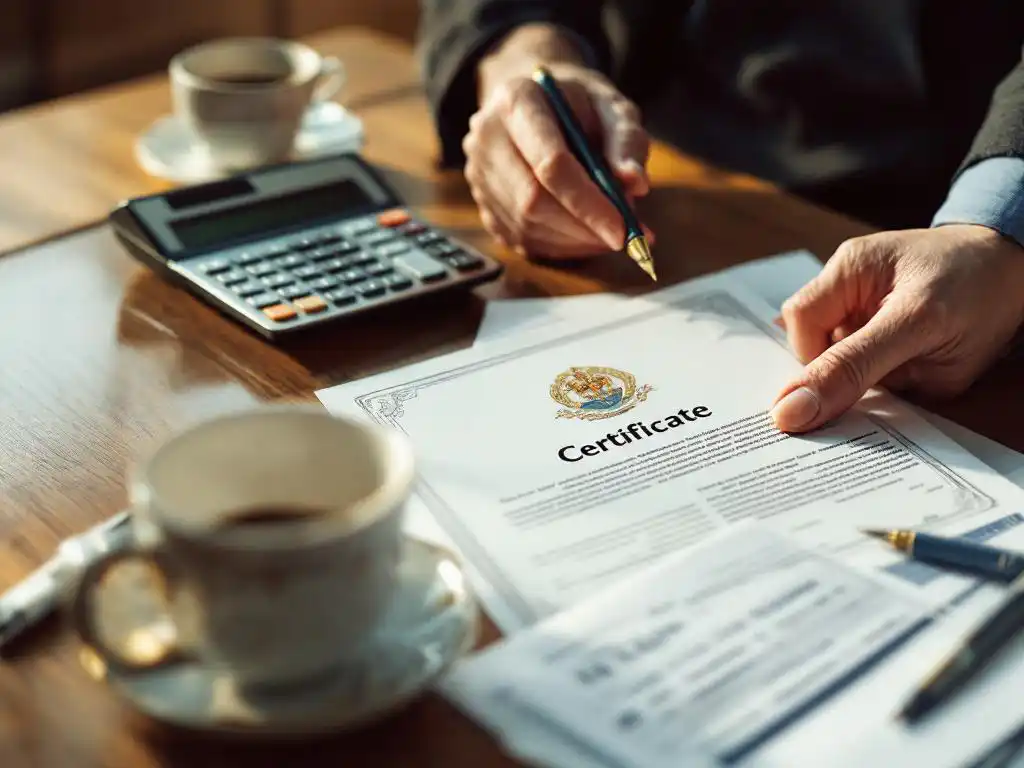 Professionele handen houden elegant certificaat vast op houten bureau met rekenmachine en belastingdocumenten