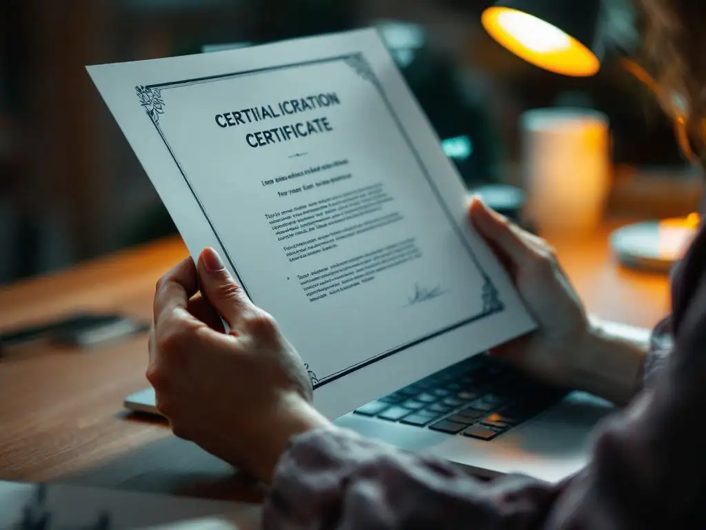 Vrouwenhanden houden certificaat vast terwijl ze op laptop typt met digitaal portaal op scherm, warme bureaulamp