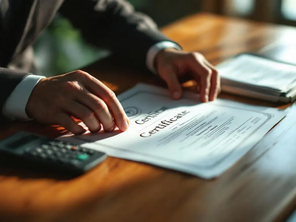Professionele handen bestuderen certificaat op houten bureau met calculator en financiële documenten