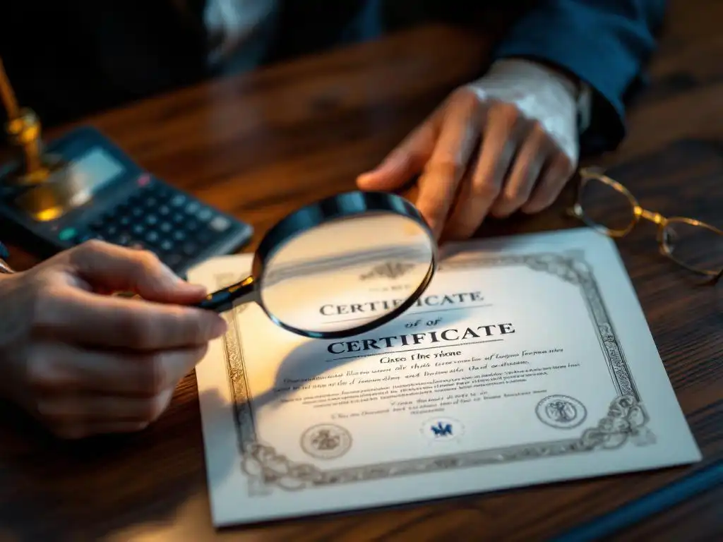 Professionele handen met vergrootglas onderzoeken certificaat met officiële zegels op mahonie bureau