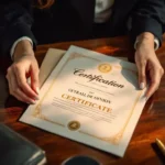 Professionele zakenvrouw houdt elegant certificaat met officiële zegels op mahoniehout bureau naast gouden pen