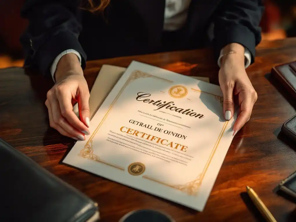 Professionele zakenvrouw houdt elegant certificaat met officiële zegels op mahoniehout bureau naast gouden pen