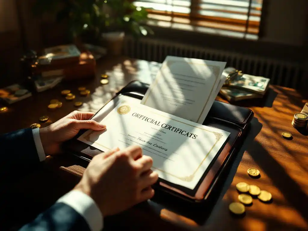 Zakenpersoon plaatst officiële certificaten met zegels in leren portfolio op mahonie bureau met munten