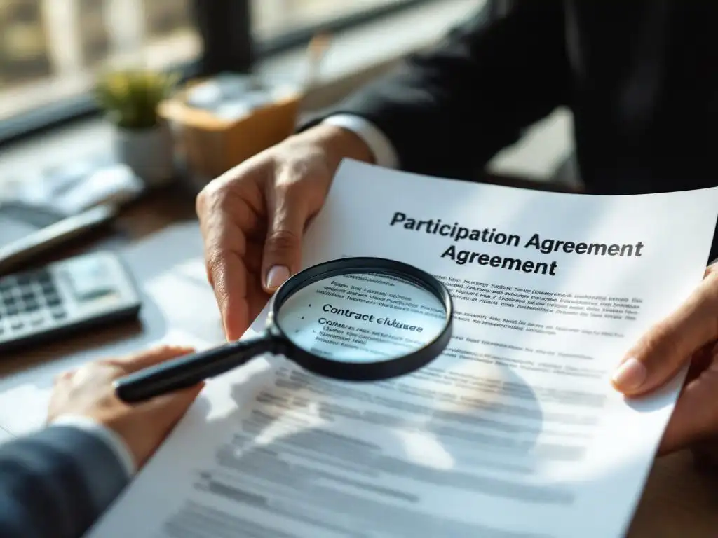 Zakenhanden houden deelnameovereenkomst vast met vergrootglas over contractclausules op modern bureau