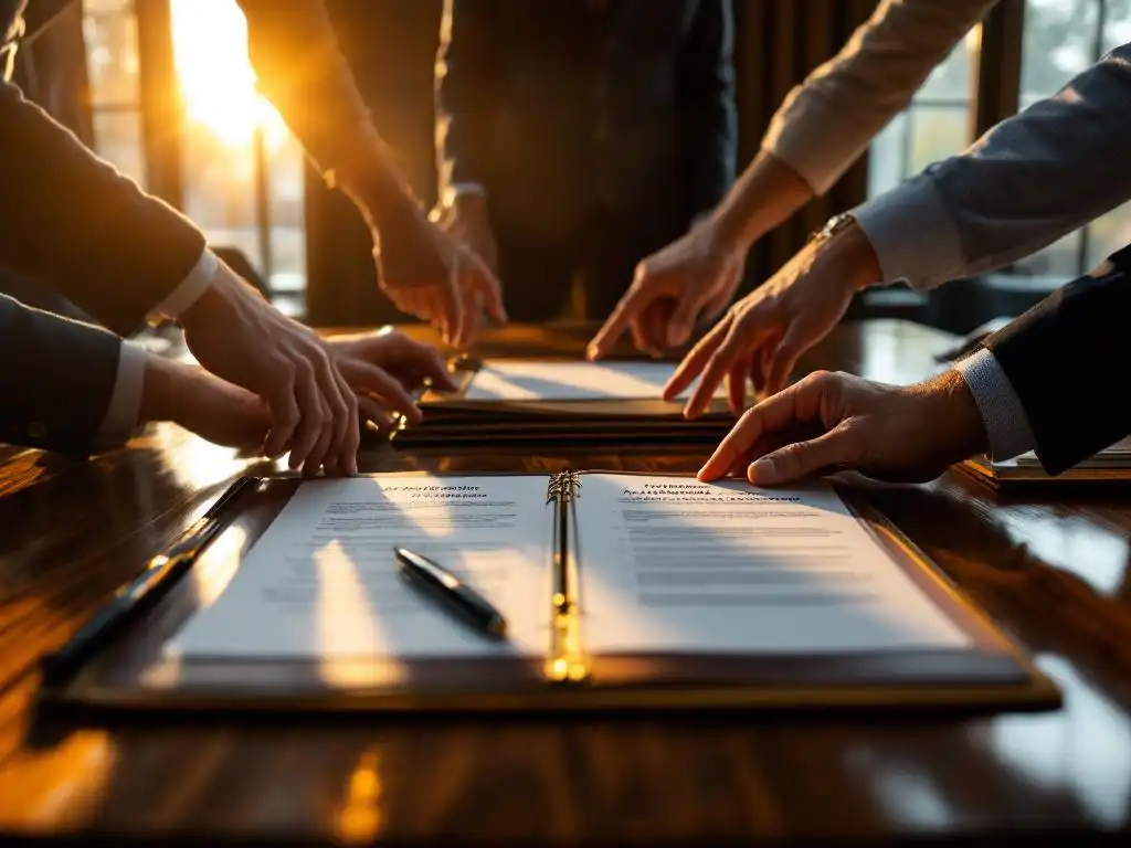 Familiebedrijf documenten op mahonie vergadertafel met meerdere generaties handen die samenwerken in gouden licht