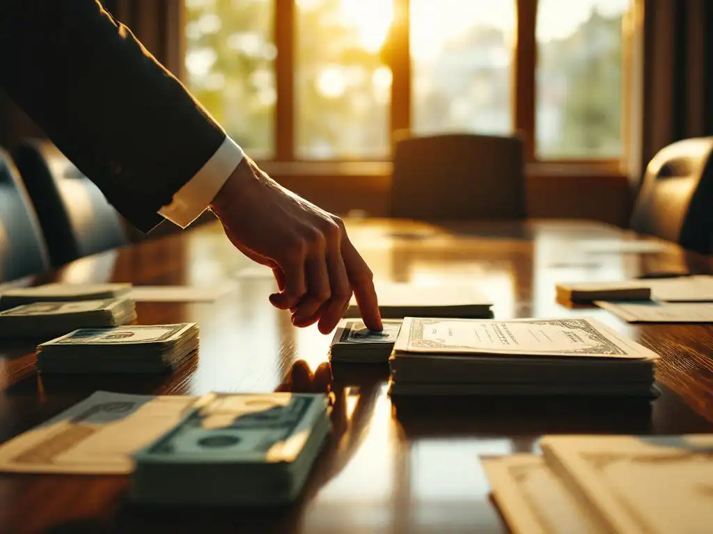 Professionele handen in pak reiken naar stapels bankbiljetten en aandelen certificaten op mahonie vergadertafel