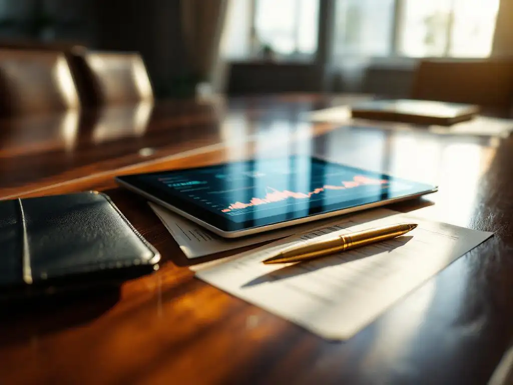 Mahonie bestuurstafel met aandelencertificaten, tablet met digitale beleggingsportefeuilles en gouden vulpen