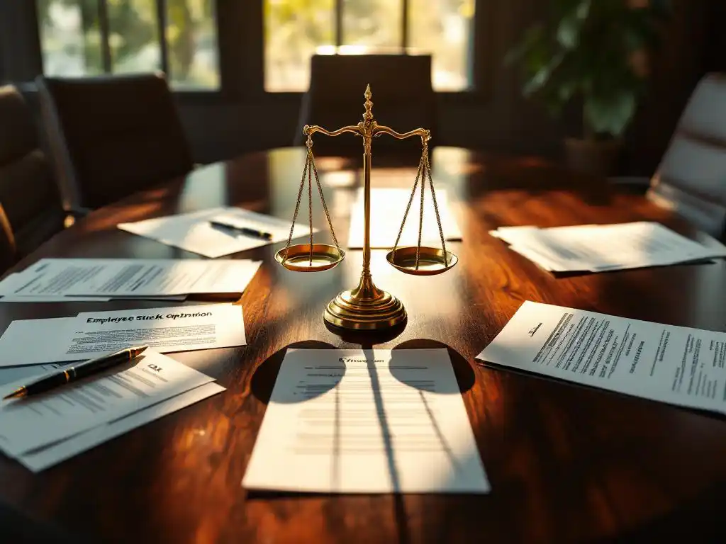 Gouden weegschaal op mahonie vergadertafel met juridische documenten, werknemersopties en belastingformulieren uitgespreid