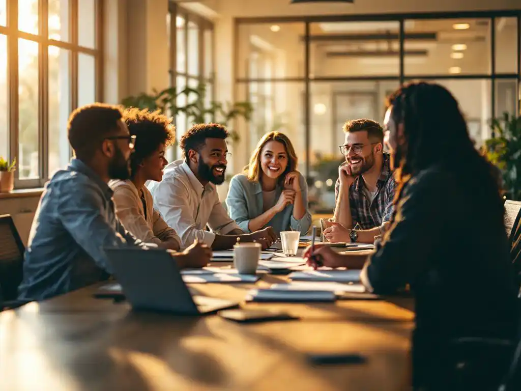 Diverse kantoormedewerkers in geanimeerde vergadering rond conferentietafel, sommigen maken aantekeningen in natuurlijk licht