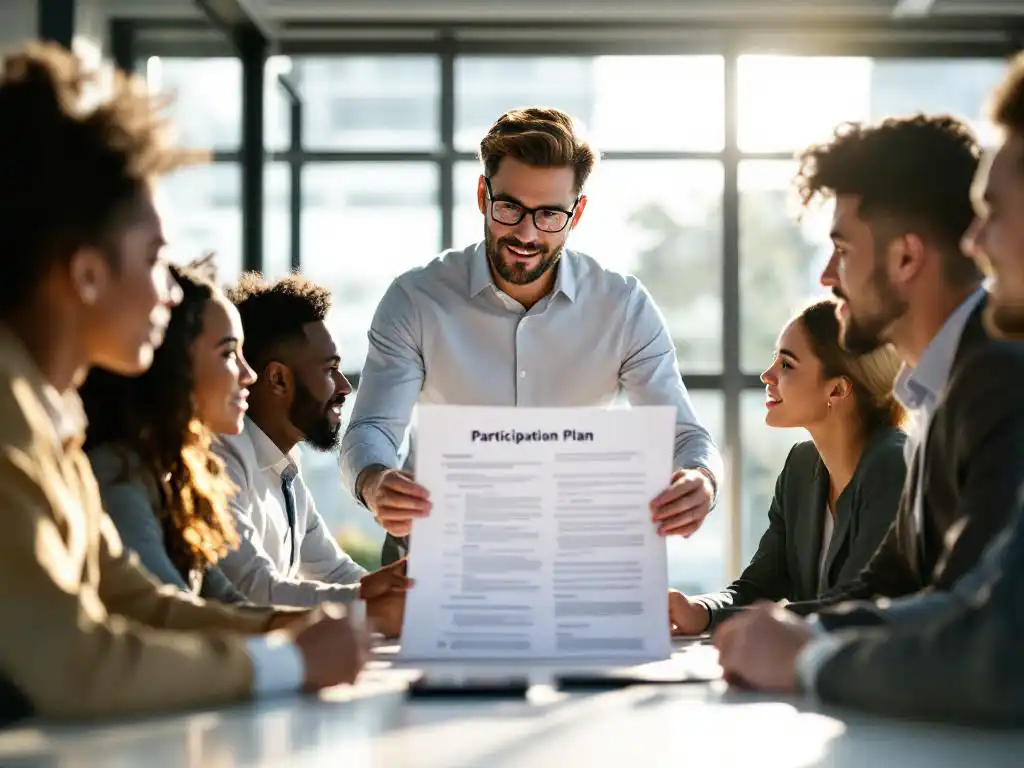 Manager presenteert participatieplan aan diverse groep medewerkers rond moderne vergadertafel in lichte kantoorruimte