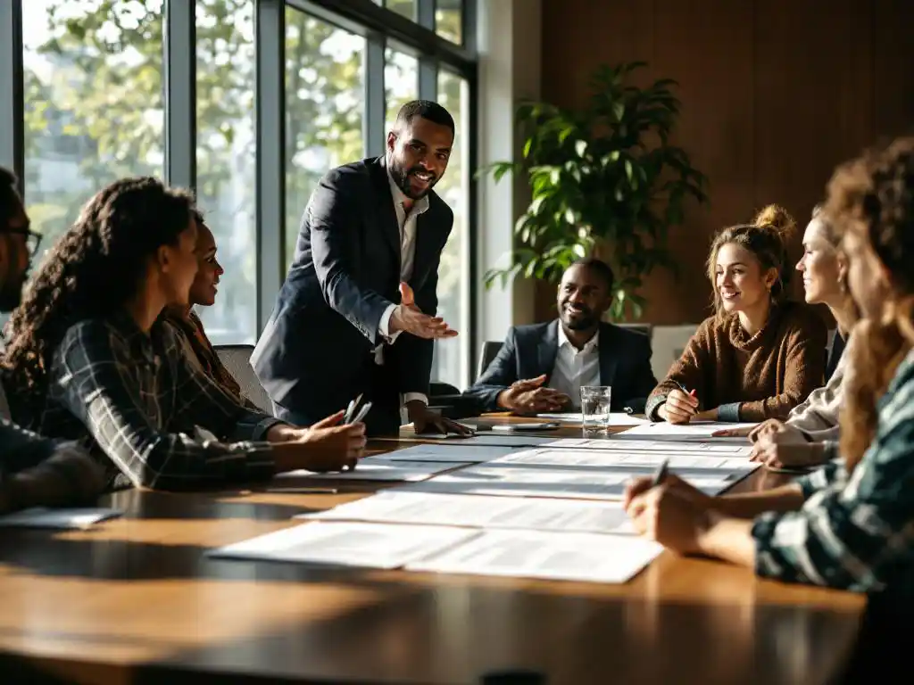 Manager presenteert participatieplan aan diverse werknemers rond vergadertafel in professionele kantooromgeving