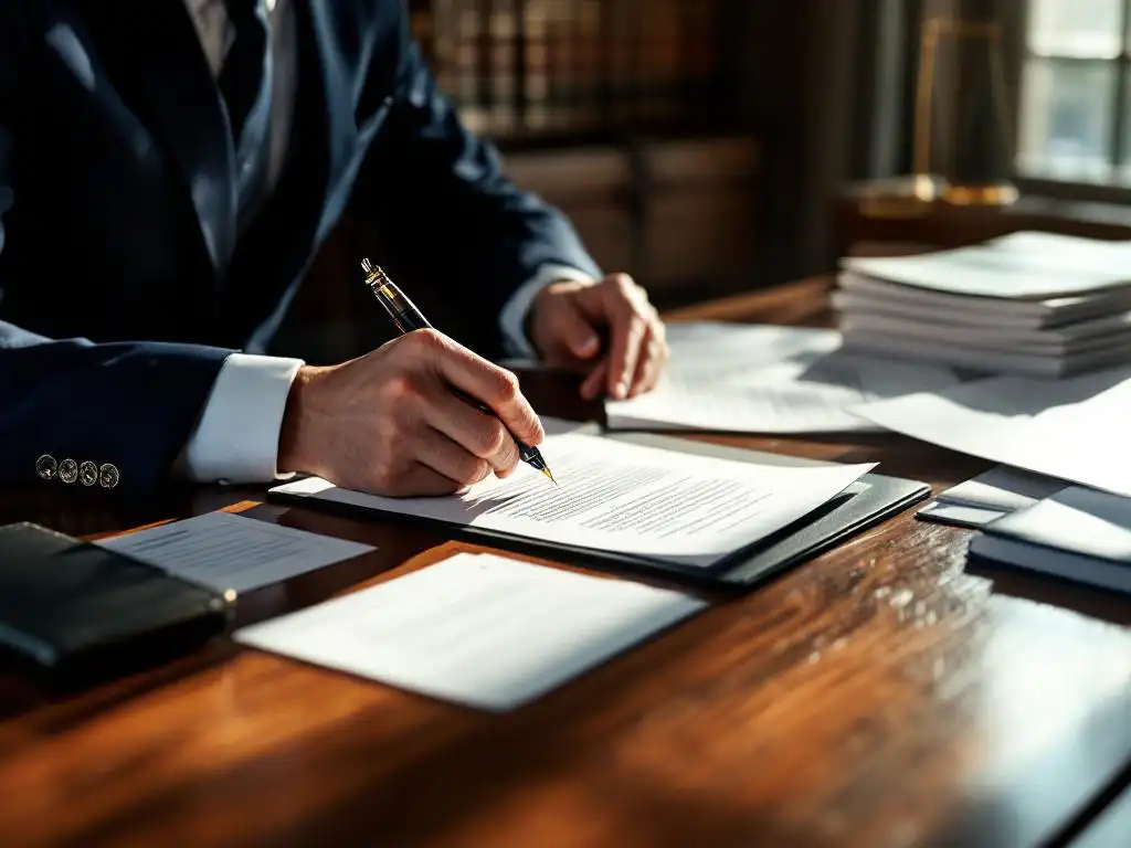 Notaris in marineblauw pak bekijkt juridische documenten en contracten op mahonie bureau in professioneel kantoor