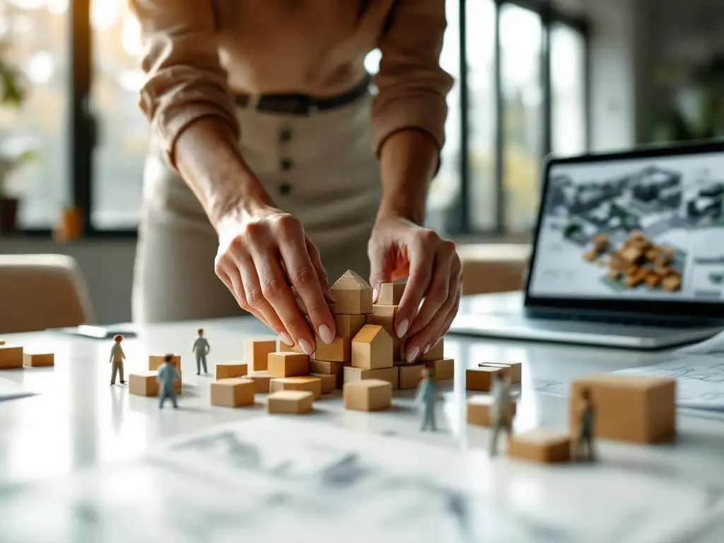 Professionele vrouw arrangeert houten blokken en figuren op tafel voor participatieproces, laptop met blauwdrukken