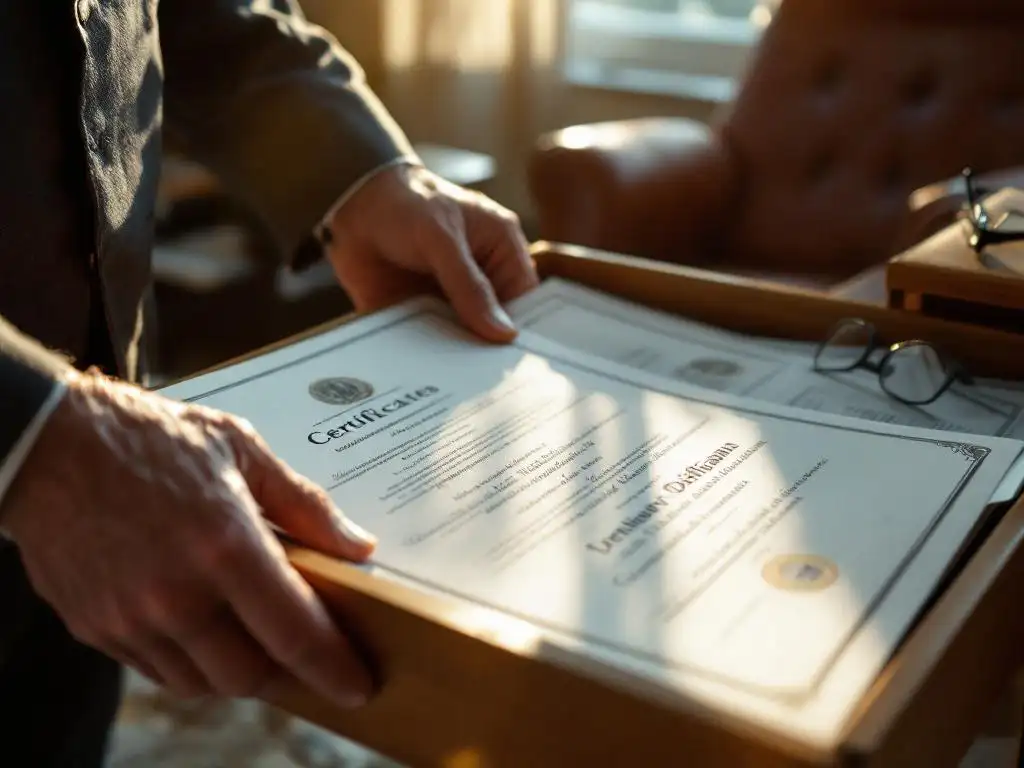 Zakenman plaatst certificaten en diploma's in houten archiefkast in thuiskantoor tijdens pensioen