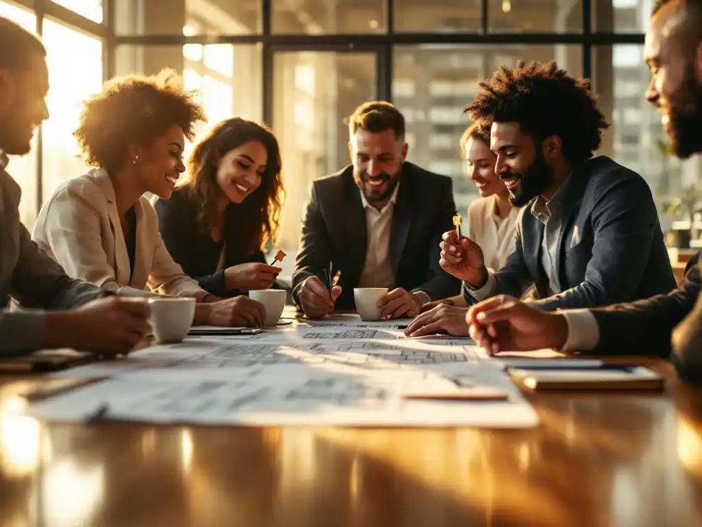 Diverse professionals holding wooden keys while reviewing office building blueprints around conference table in golden sunlight