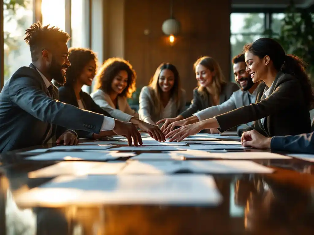 Diverse professionals bereiken samen documenten en aandelencertificaten op vergadertafel tijdens zakelijke samenwerking