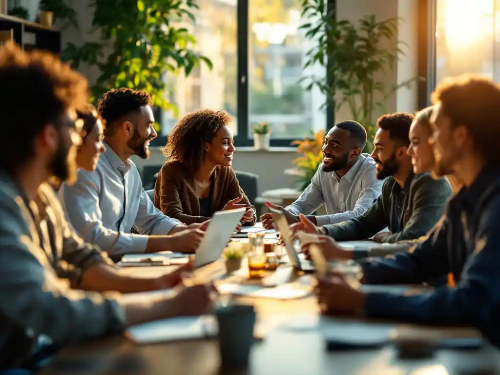 Diverse professionals collaboreren rond moderne vergadertafel met laptops en notitieblokken in licht kantoor