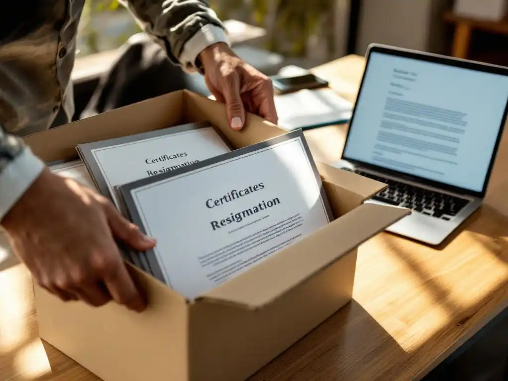 Professionele handen plaatsen diploma's in verhuisdoos op bureau, laptop toont ontslagbrief, kantooromgeving