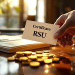 Zakenman houdt RSU-certificaat vast en reikt naar gouden munten en aandelencertificaten op mahonie bureau