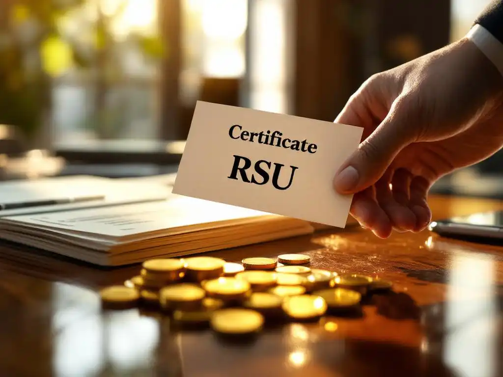 Zakenman houdt RSU-certificaat vast en reikt naar gouden munten en aandelencertificaten op mahonie bureau