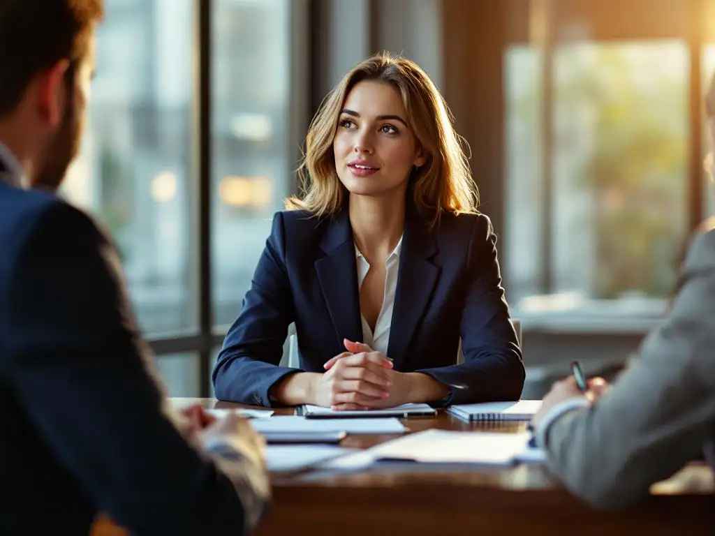 Professionele vrouw in marineblauw jasje tijdens sollicitatiegesprek aan vergadertafel met twee interviewers
