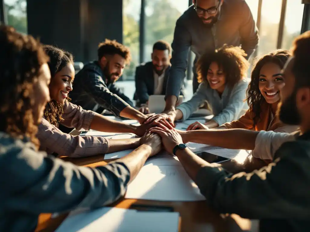 Diverse professionals joining hands in unity around conference table with laptops and documents in warm natural light