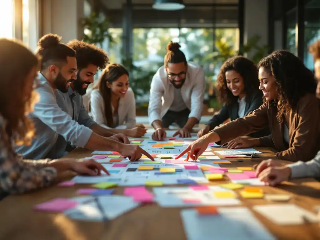 Diverse professionals collaboreren rond conferentietafel met kleurrijke sticky notes in modern kantoor