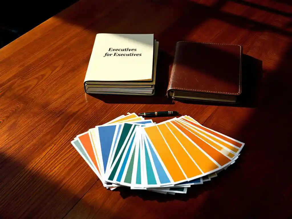 Mahonie vergadertafel met leren portfolio voor leidinggevenden en kleurrijke medewerkershandboeken met vulpen