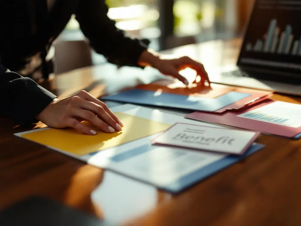 Zakenvrouw organiseert gekleurde mappen met personeelsvoordelen op vergadertafel naast laptop met spreadsheetgegevens