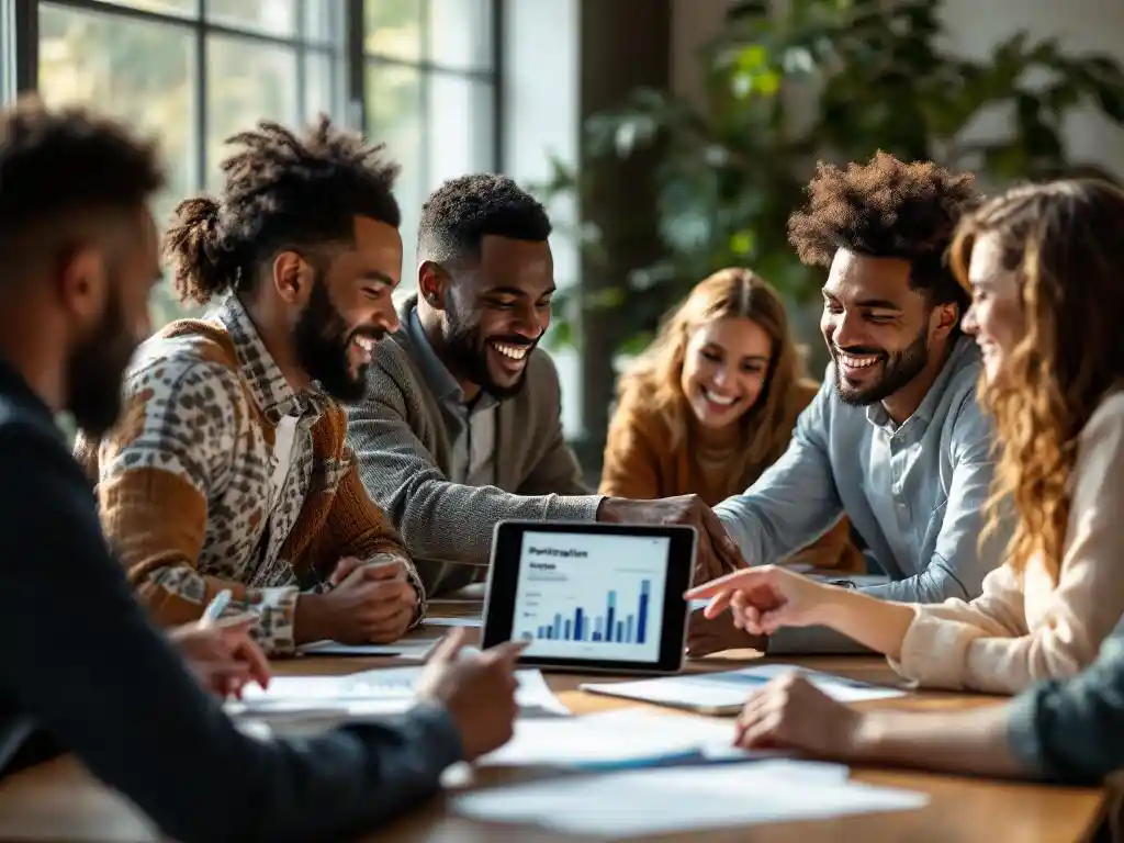 Diverse werknemers bespreken grafieken rond moderne vergadertafel in lichte kantoorruimte met planten