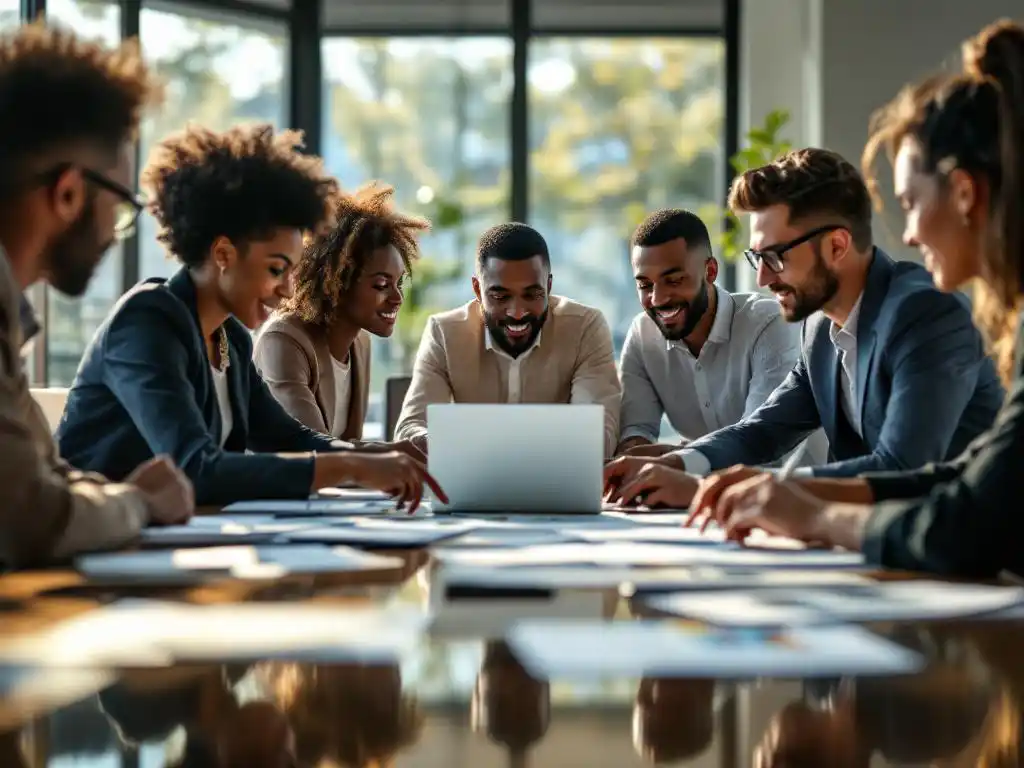 Diverse zakelijke professionals bespreken documenten rond conferentietafel met laptop en grafieken in modern kantoor