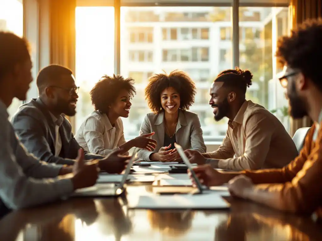 Diverse professionals collaboreren rond conferentietafel met laptops en documenten in kantoor met natuurlijk licht