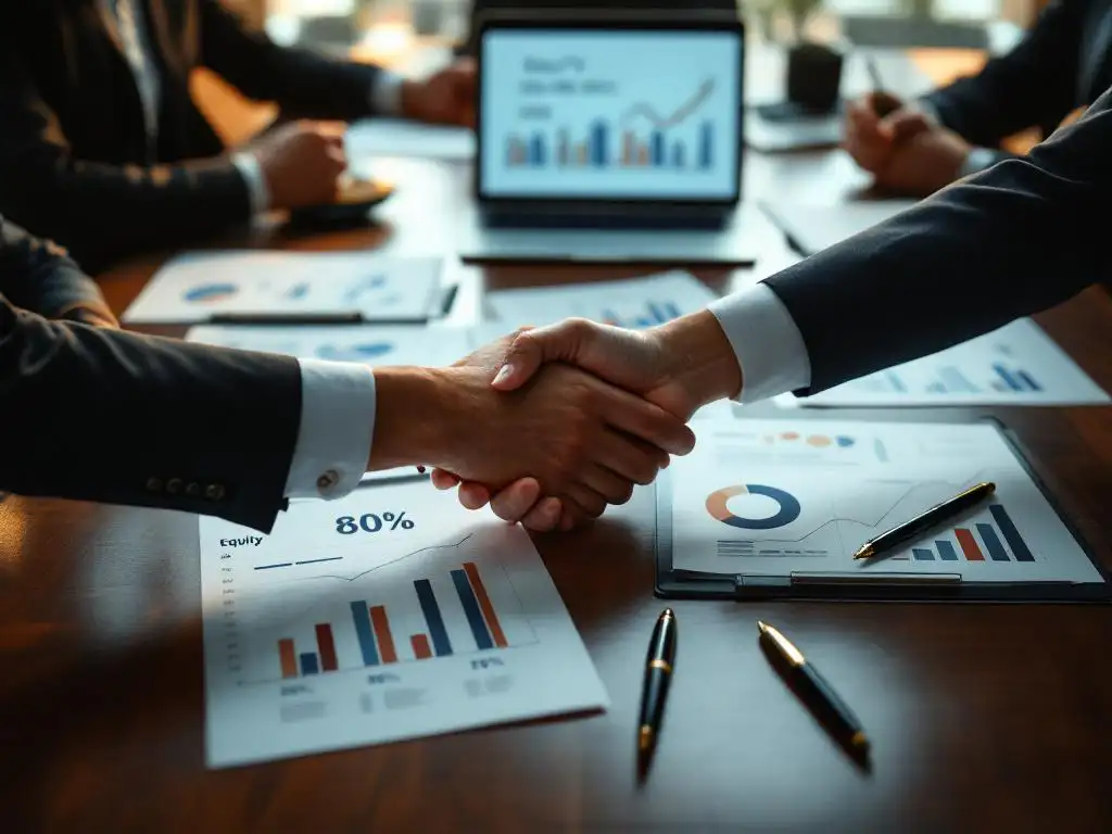 Zakelijke handdruk tussen diverse ondernemers aan vergadertafel met laptops en documenten met groeicijfers