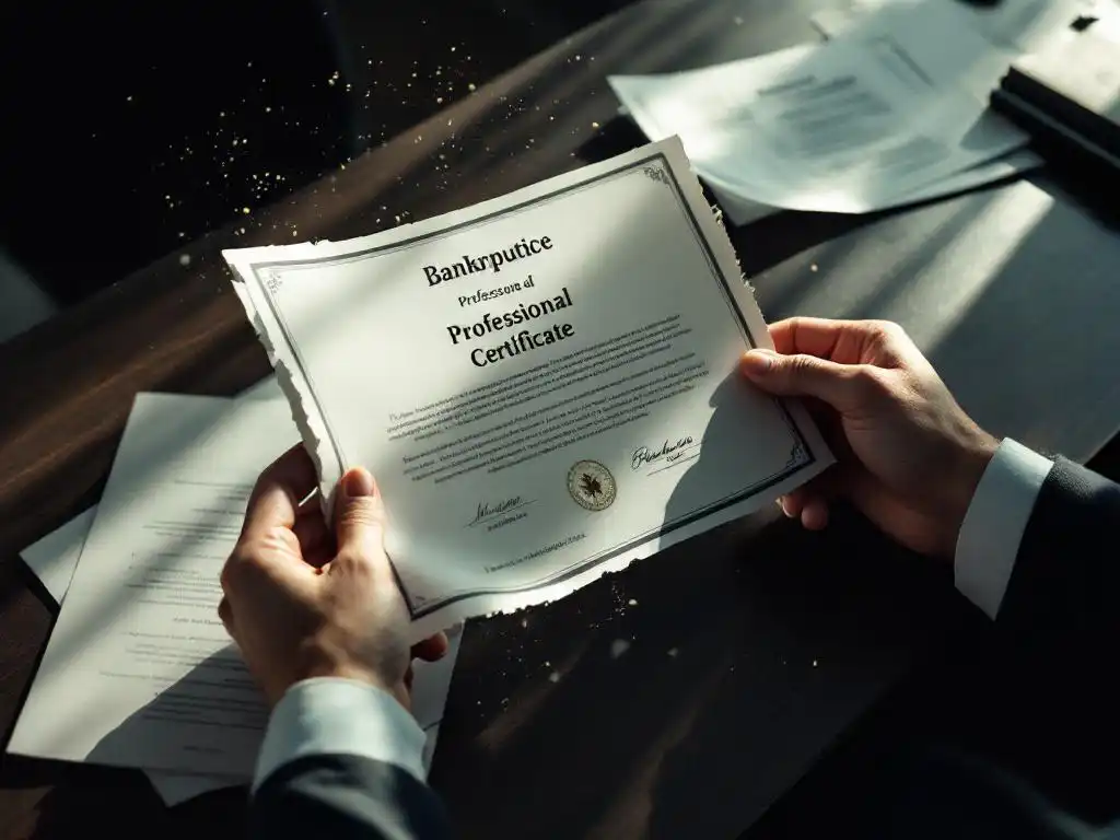 Zakenman houdt verkruimelend professioneel certificaat vast op donker houten bureau naast faillissementspapieren