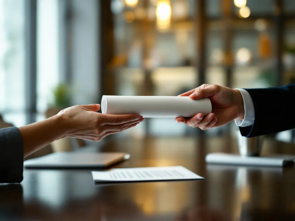 Professionele zakenvrouw overhandigt certificaat aan collega over vergadertafel in kantoor