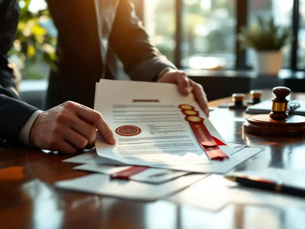 Zakenman houdt officieel juridisch document met zegels vast op modern kantoorbureau met fonteinpen